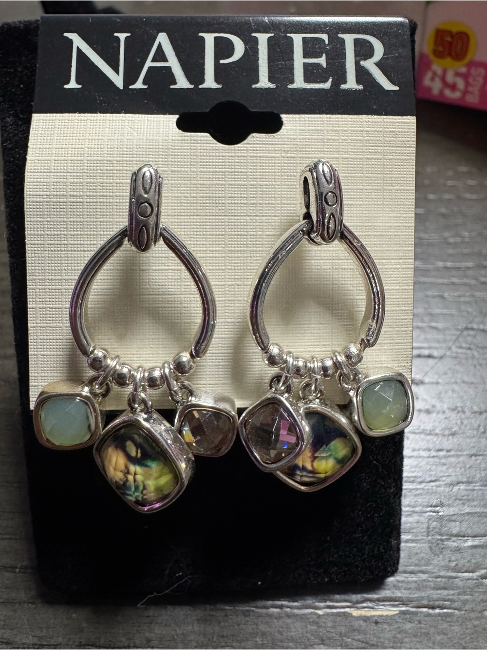 Napier Silver-Tone Multi-Dangle Earrings with Iridescent and Pale Green Stones
